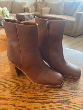 Marc Fisher Cognac Brown Leather Block Heel Booties